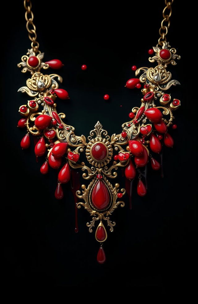 A striking and dramatic necklace symbolizing devotion to someone, intricately designed and overflowing with vibrant red blood elements, showcasing a mix of elegance and intensity