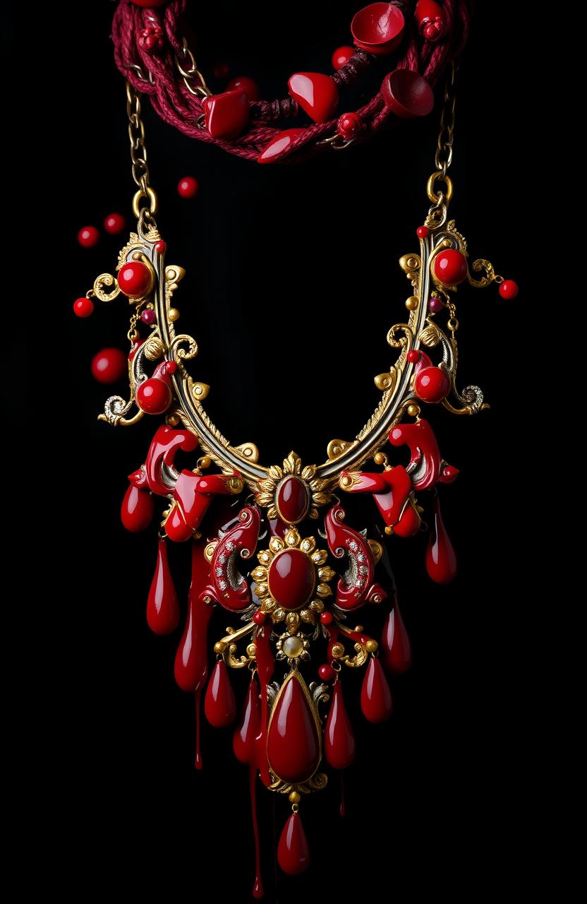 A striking and dramatic necklace symbolizing devotion to someone, intricately designed and overflowing with vibrant red blood elements, showcasing a mix of elegance and intensity