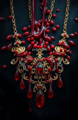 A striking and dramatic necklace symbolizing devotion to someone, intricately designed and overflowing with vibrant red blood elements, showcasing a mix of elegance and intensity