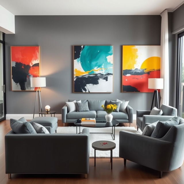 A beautifully designed living room featuring modern gray furniture, including a sleek gray sofa and stylish gray armchairs