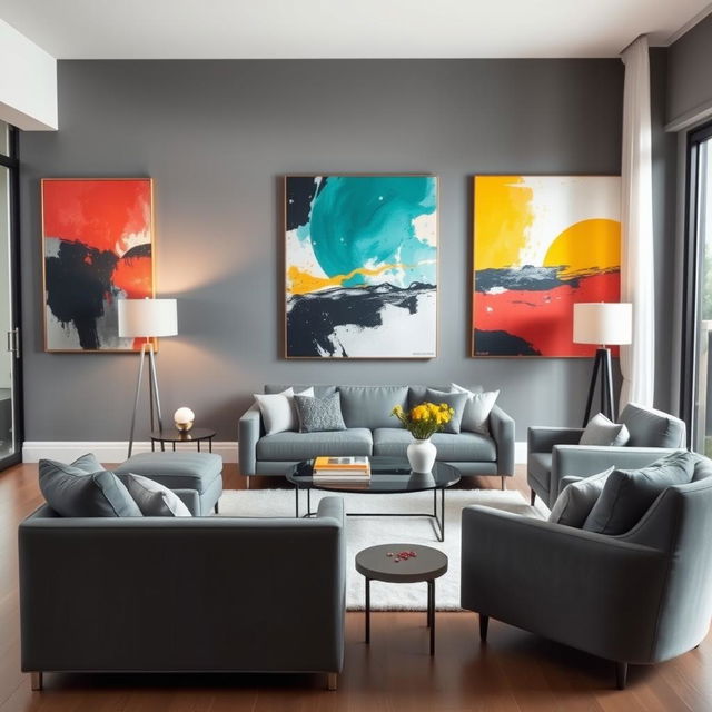 A beautifully designed living room featuring modern gray furniture, including a sleek gray sofa and stylish gray armchairs