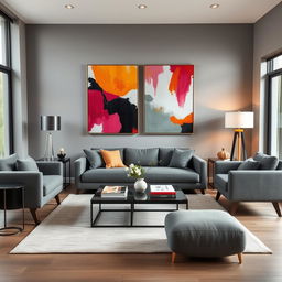 A beautifully designed living room featuring modern gray furniture, including a sleek gray sofa and stylish gray armchairs