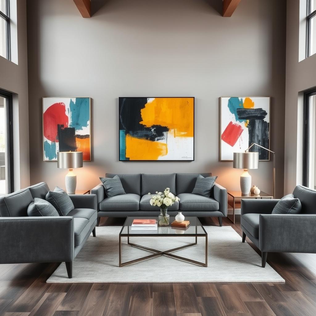 A beautifully designed living room featuring modern gray furniture, including a sleek gray sofa and stylish gray armchairs