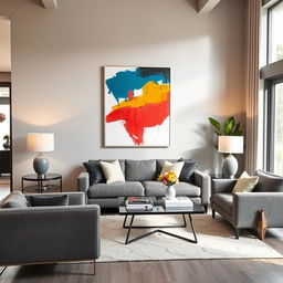 A beautifully designed living room featuring modern gray furniture, including a sleek gray sofa and stylish gray armchairs