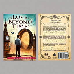 A book cover design themed around time travel, inspired by the year 1890, showcasing both the front and back covers