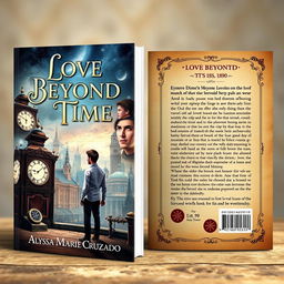 A book cover design themed around time travel, inspired by the year 1890, showcasing both the front and back covers