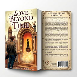 A book cover design themed around time travel, inspired by the year 1890, showcasing both the front and back covers