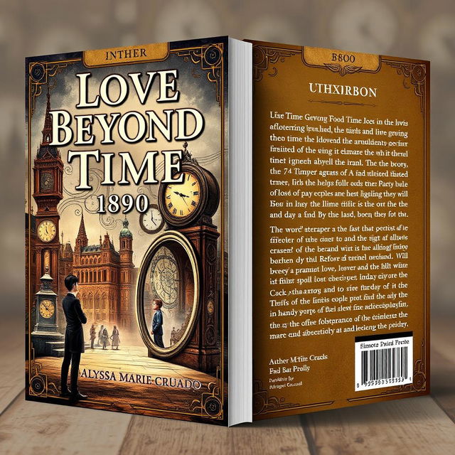 A book cover design themed around time travel, inspired by the year 1890, showcasing both the front and back covers