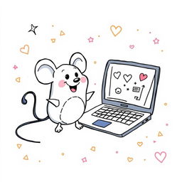 A playful doodle illustration of a computer mouse and a laptop