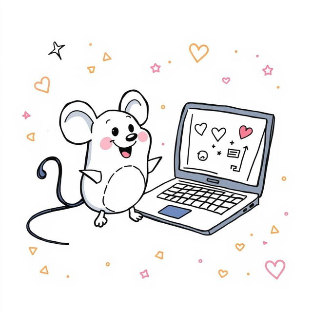 A playful doodle illustration of a computer mouse and a laptop