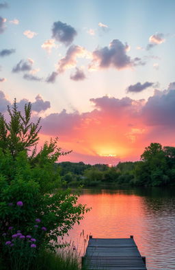 A serene landscape depicting a beautiful sunset over a calm lake, with vibrant orange and pink hues reflecting off the water