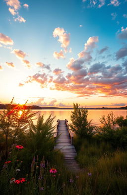 A serene landscape depicting a beautiful sunset over a calm lake, with vibrant orange and pink hues reflecting off the water