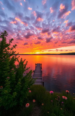 A serene landscape depicting a beautiful sunset over a calm lake, with vibrant orange and pink hues reflecting off the water