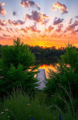 A serene landscape depicting a beautiful sunset over a calm lake, with vibrant orange and pink hues reflecting off the water