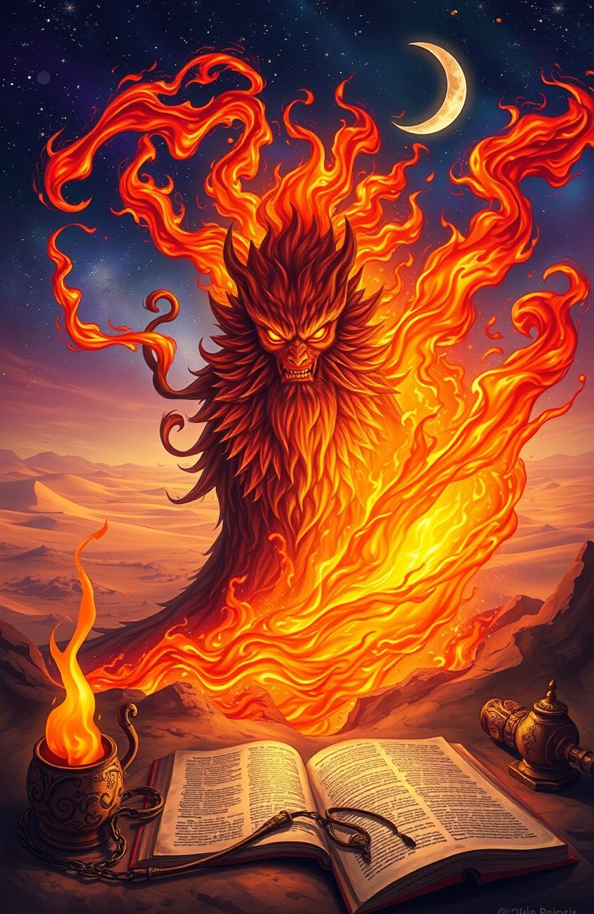 A mystical and enchanting illustration depicting the story of Ifrit, a powerful fire spirit from Arabian folklore