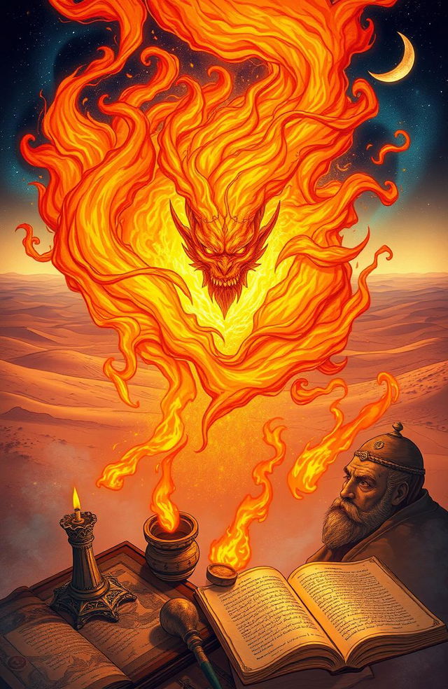 A mystical and enchanting illustration depicting the story of Ifrit, a powerful fire spirit from Arabian folklore