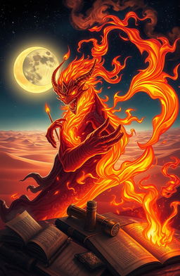 A mystical and enchanting illustration depicting the story of Ifrit, a powerful fire spirit from Arabian folklore