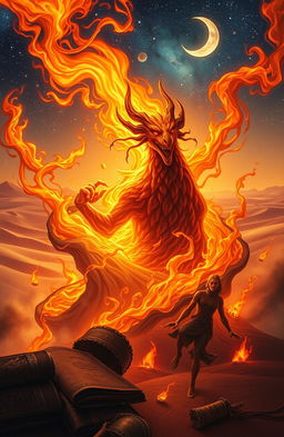 A mystical and enchanting illustration depicting the story of Ifrit, a powerful fire spirit from Arabian folklore