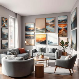A stylish and modern living room featuring various abstract and landscape paintings on the walls