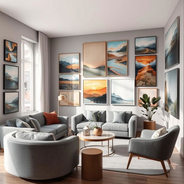 A stylish and modern living room featuring various abstract and landscape paintings on the walls