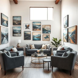 A stylish and modern living room featuring various abstract and landscape paintings on the walls