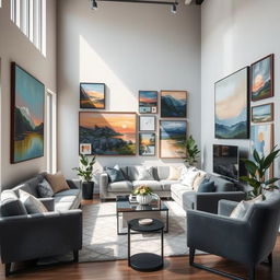 A stylish and modern living room featuring various abstract and landscape paintings on the walls