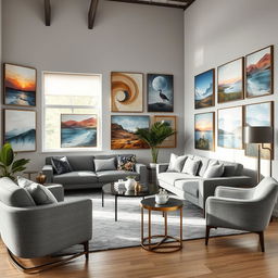 A stylish and modern living room featuring various abstract and landscape paintings on the walls