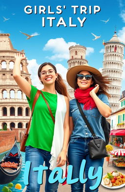 A stunning travel poster for a girls' trip to Italy, featuring two young women with joyful expressions exploring iconic Italian landmarks
