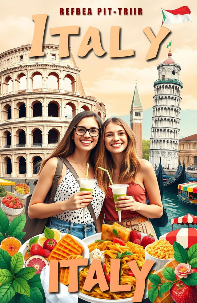 A stunning travel poster for a girls' trip to Italy, featuring two young women with joyful expressions exploring iconic Italian landmarks