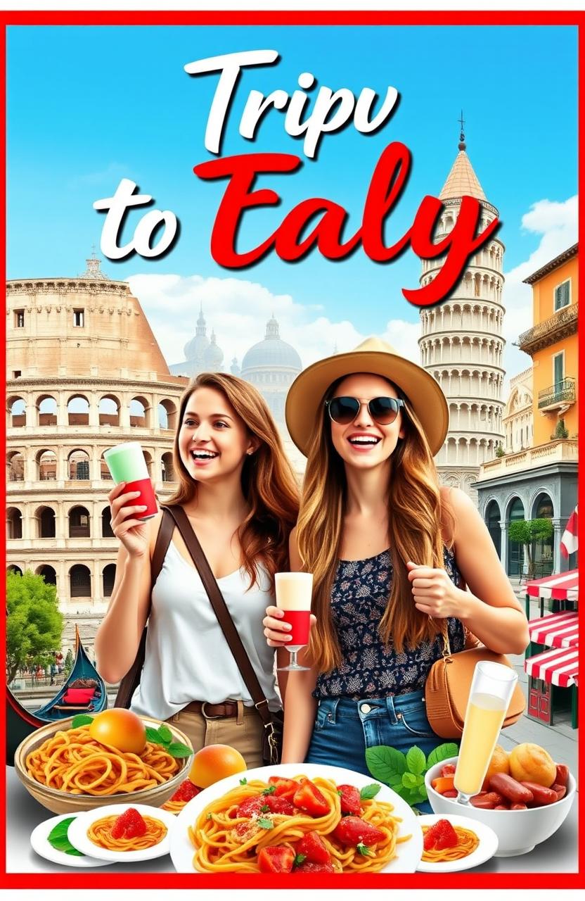 A stunning travel poster for a girls' trip to Italy, featuring two young women with joyful expressions exploring iconic Italian landmarks