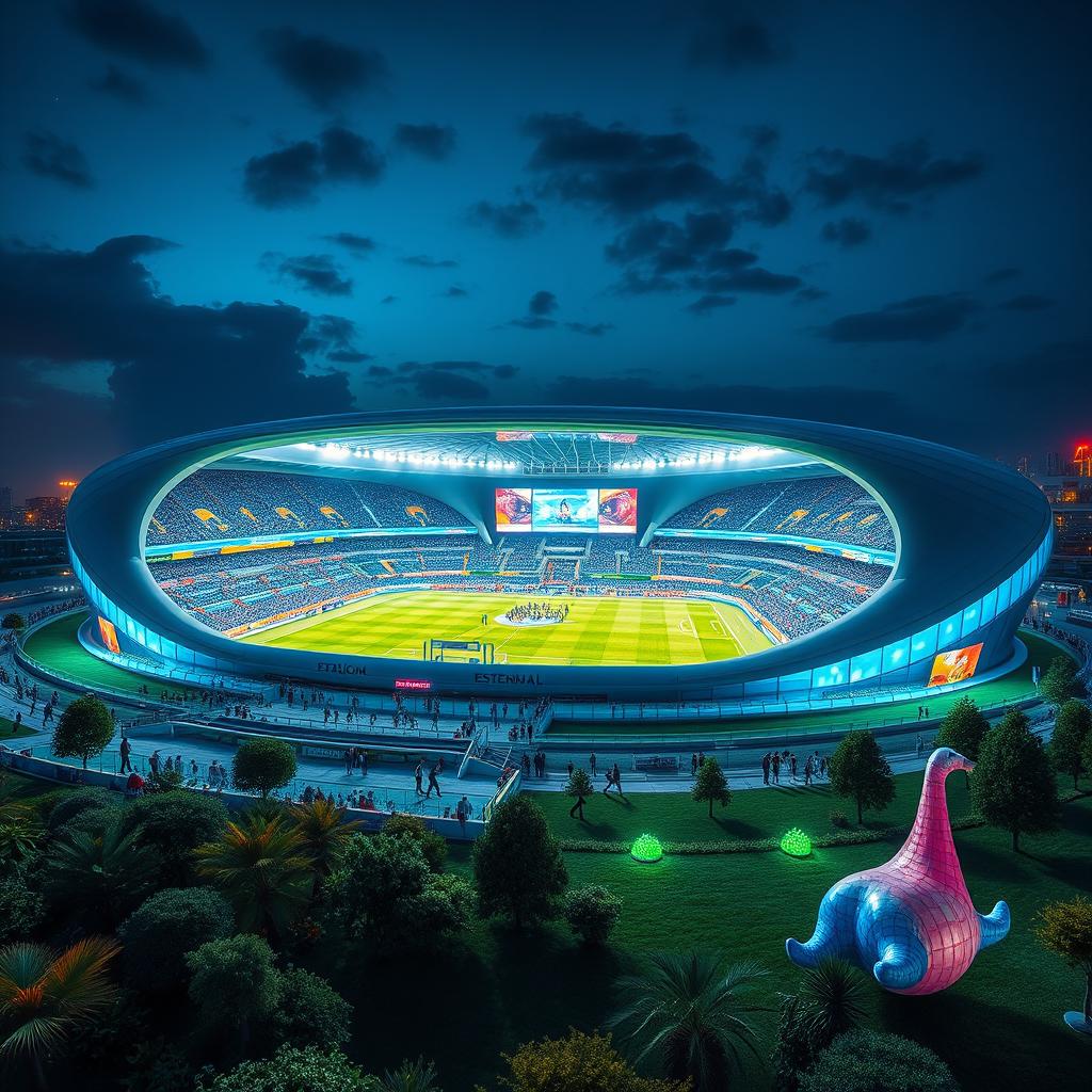A futuristic and modern stadium design inspired by Estadiom Esteghlal characterized by sleek architectural lines, large glass panels, and a vibrant, open atmosphere