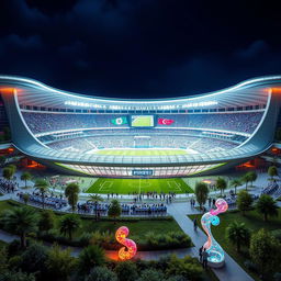 A futuristic and modern stadium design inspired by Estadiom Esteghlal characterized by sleek architectural lines, large glass panels, and a vibrant, open atmosphere
