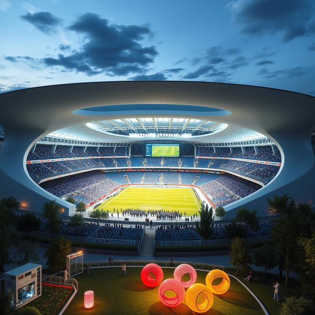 A futuristic and modern stadium design inspired by Estadiom Esteghlal characterized by sleek architectural lines, large glass panels, and a vibrant, open atmosphere