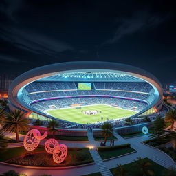 A futuristic and modern stadium design inspired by Estadiom Esteghlal characterized by sleek architectural lines, large glass panels, and a vibrant, open atmosphere