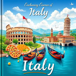 A beautifully designed cover representing the enchanting essence of Italy, featuring iconic symbols such as the Colosseum, the Leaning Tower of Pisa, and scenic gondolas gliding through the canals of Venice