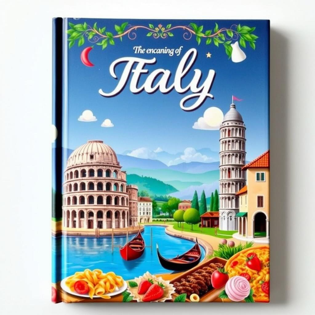 A beautifully designed cover representing the enchanting essence of Italy, featuring iconic symbols such as the Colosseum, the Leaning Tower of Pisa, and scenic gondolas gliding through the canals of Venice