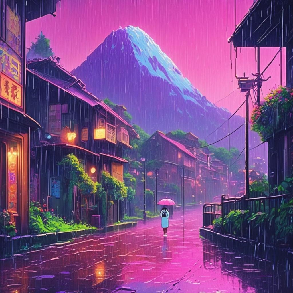 Retro 90s Ghibli film scene with a sad vaporwave aesthetic in the rain.