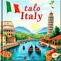 A beautifully designed cover representing the enchanting essence of Italy, featuring iconic symbols such as the Colosseum, the Leaning Tower of Pisa, and scenic gondolas gliding through the canals of Venice
