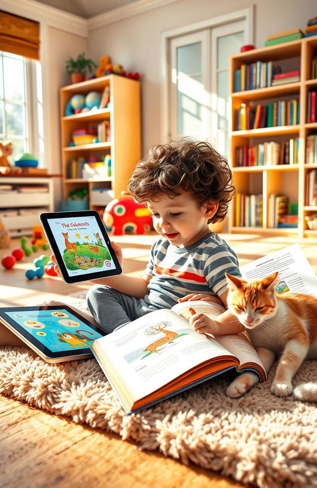 A cozy scene depicting a young child reading both a digital tablet and a paper book, showcasing the contrast between digital and traditional reading