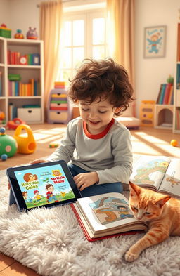 A cozy scene depicting a young child reading both a digital tablet and a paper book, showcasing the contrast between digital and traditional reading