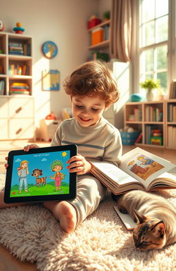 A cozy scene depicting a young child reading both a digital tablet and a paper book, showcasing the contrast between digital and traditional reading