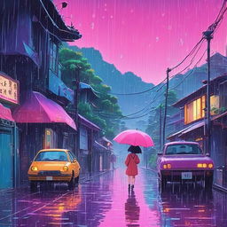 Retro 90s Ghibli film scene with a sad vaporwave aesthetic in the rain.