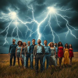 A surrealist scene showcasing the theme of 'People Struck by Lightning', featuring a diverse group of individuals including men and women of various ethnicities