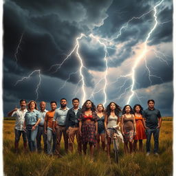 A surrealist scene showcasing the theme of 'People Struck by Lightning', featuring a diverse group of individuals including men and women of various ethnicities
