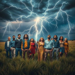 A surrealist scene showcasing the theme of 'People Struck by Lightning', featuring a diverse group of individuals including men and women of various ethnicities