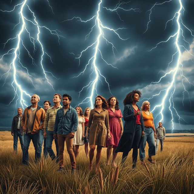 A surrealist scene showcasing the theme of 'People Struck by Lightning', featuring a diverse group of individuals including men and women of various ethnicities