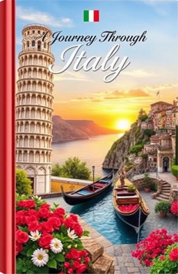 A stunning travel book cover depicting a picturesque Italian landscape featuring iconic elements of Italy such as the Leaning Tower of Pisa, rolling Tuscan hills, a charming gondola in the canals of Venice, and vibrant flowers in a quaint Italian piazza