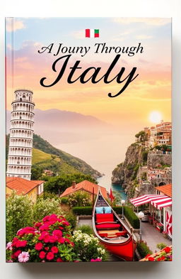 A stunning travel book cover depicting a picturesque Italian landscape featuring iconic elements of Italy such as the Leaning Tower of Pisa, rolling Tuscan hills, a charming gondola in the canals of Venice, and vibrant flowers in a quaint Italian piazza
