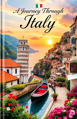 A stunning travel book cover depicting a picturesque Italian landscape featuring iconic elements of Italy such as the Leaning Tower of Pisa, rolling Tuscan hills, a charming gondola in the canals of Venice, and vibrant flowers in a quaint Italian piazza
