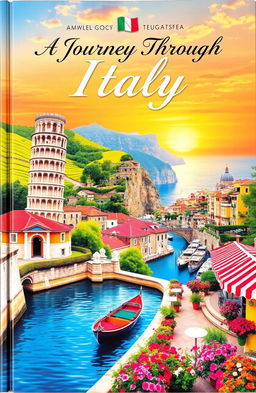 A stunning travel book cover depicting a picturesque Italian landscape featuring iconic elements of Italy such as the Leaning Tower of Pisa, rolling Tuscan hills, a charming gondola in the canals of Venice, and vibrant flowers in a quaint Italian piazza